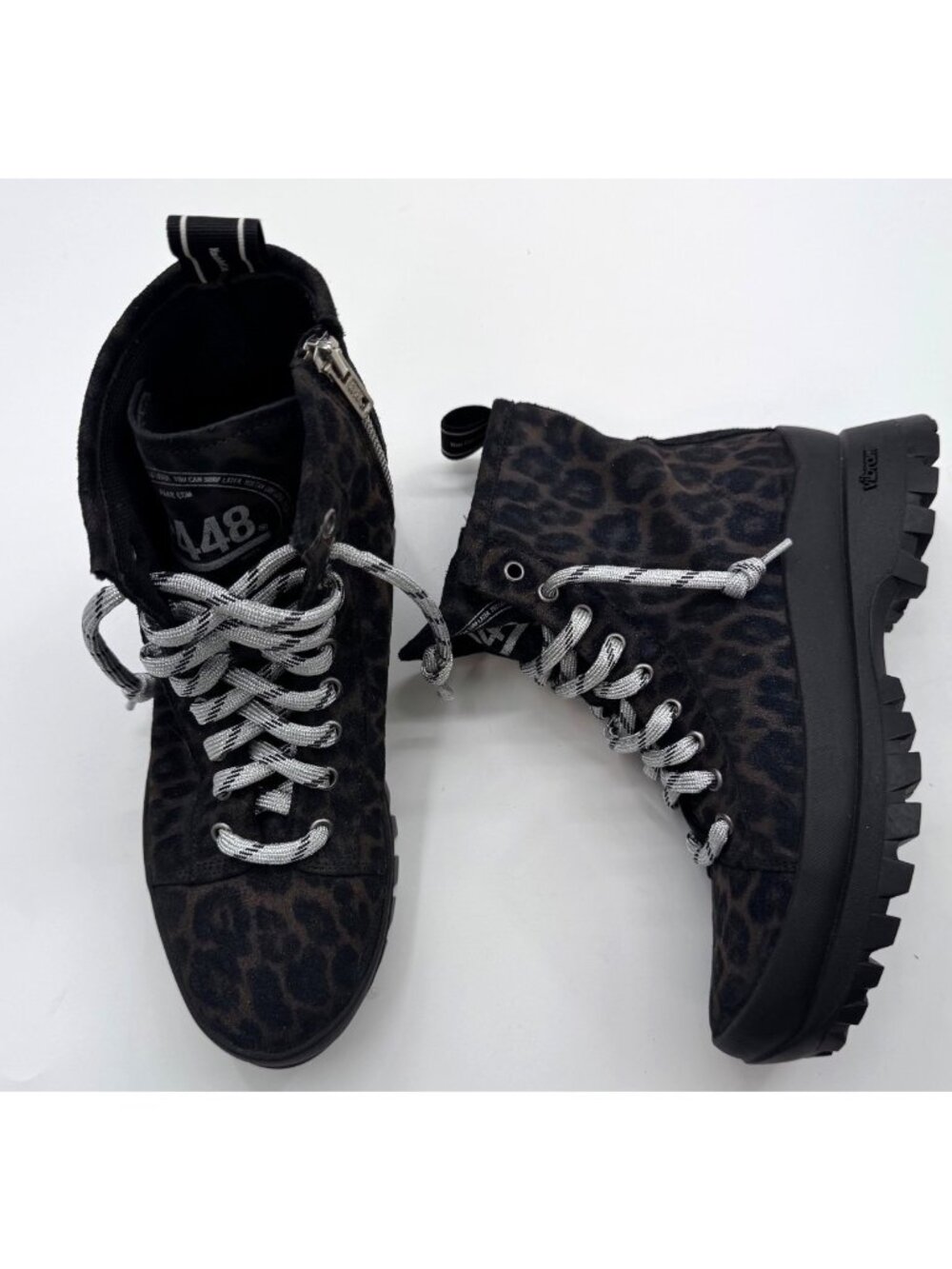 P448 Womens Leopard Print Suede Combat Boots Size 7 EU 37 Black & Brown Vibram